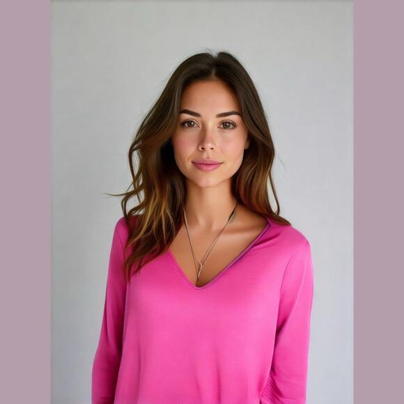 Halogen Pink Knit Pullover 3/4 Ruched Sleeve V-Neck Barbie Top S  NWT - Picture 1 of 12